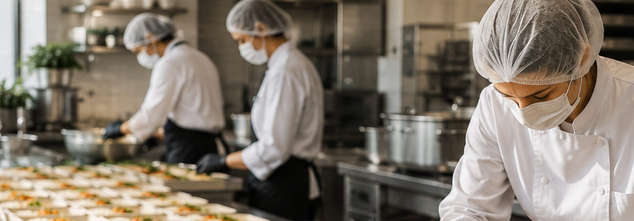 Personal de Harols preparando alimentos en cocina industrial