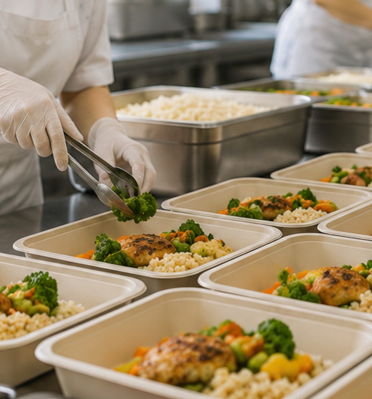Bandejas de alimentos preparados en cocina industrial